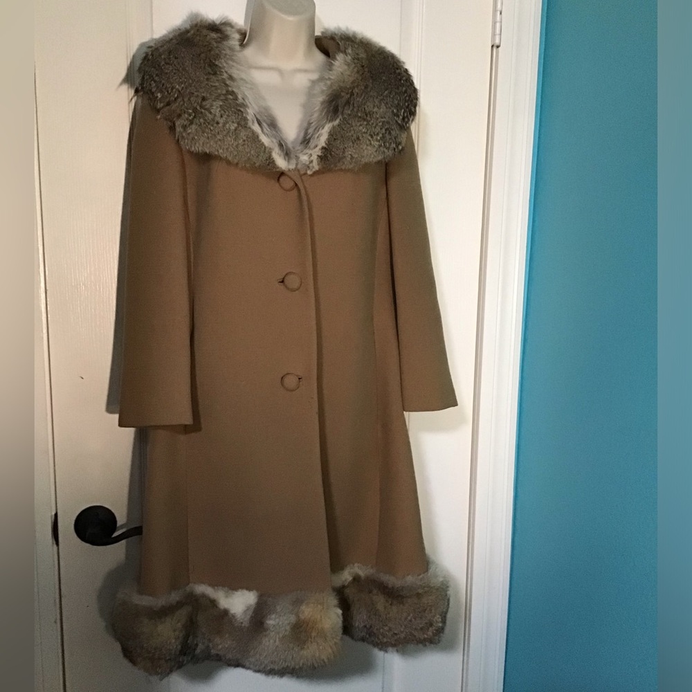 Vintage 1960’s Mayfair Camel Wool Coat with Fur Trim. ILGWU Union Made in USA